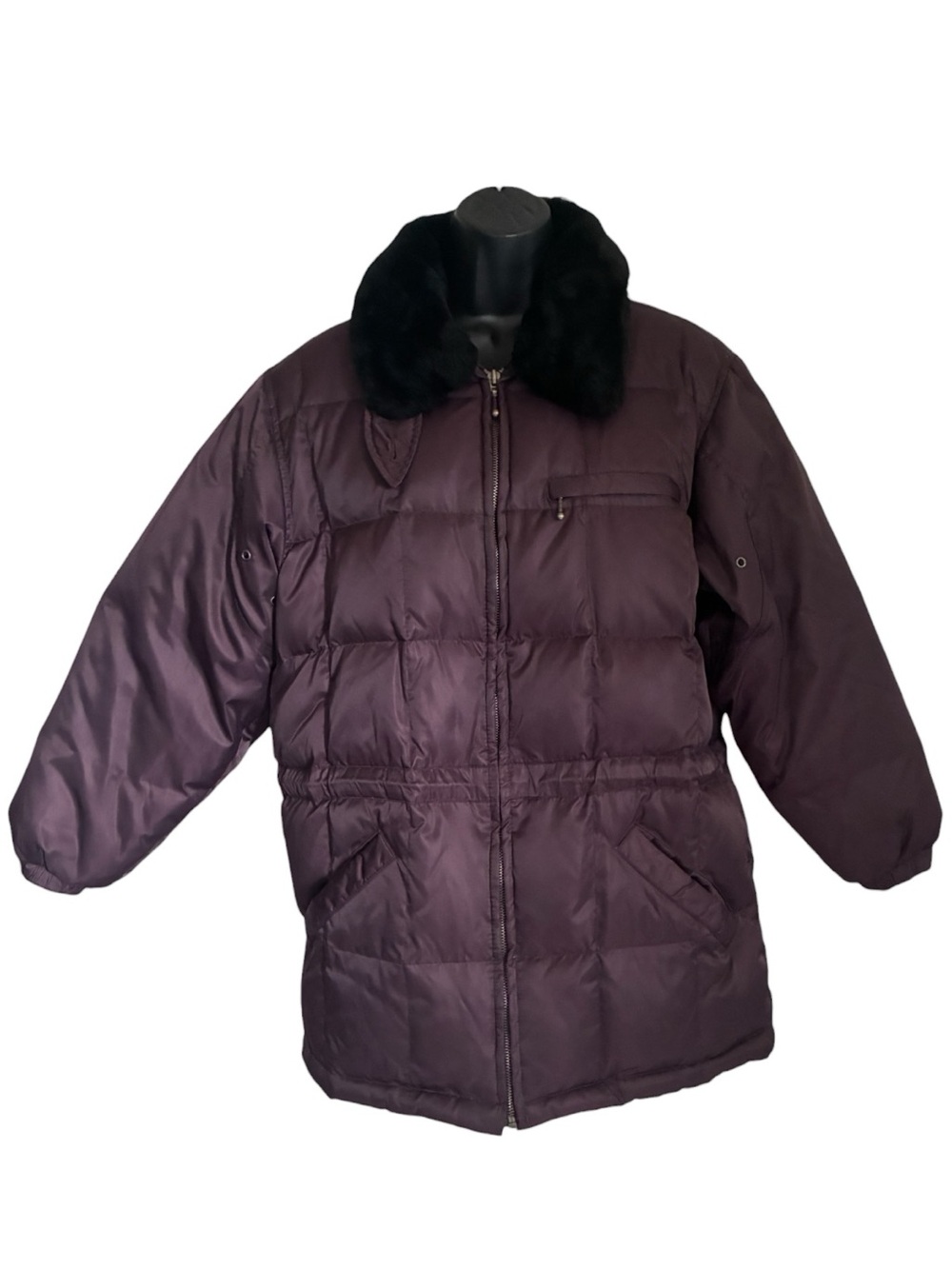 Vintage 90s Worthington Cabincore Plum Puffer Jacket Black Faux Fur Collar Sz PS